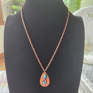 Boho Sterling On Copper Teardrop Pendant Necklace with Turquoise Accents 18"L